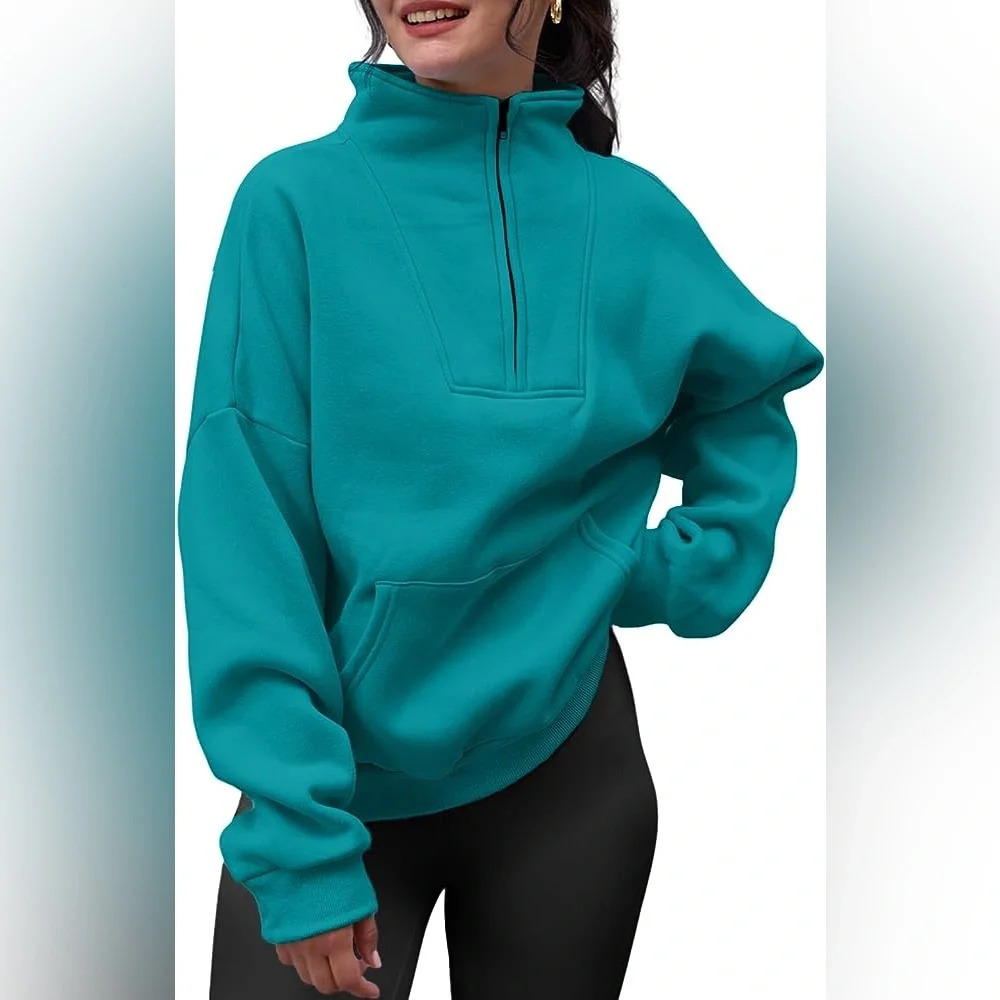 Sz M Trendy Queen Sweatshirts Half Zip Pullover Quarter Zip oversized bluegreen